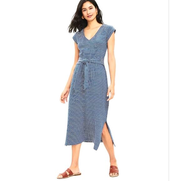 LOFT Blue & White Stripe Cap Sleeve Tie Waist Split Side Maxi Dress Size XL - Picture 1 of 14
